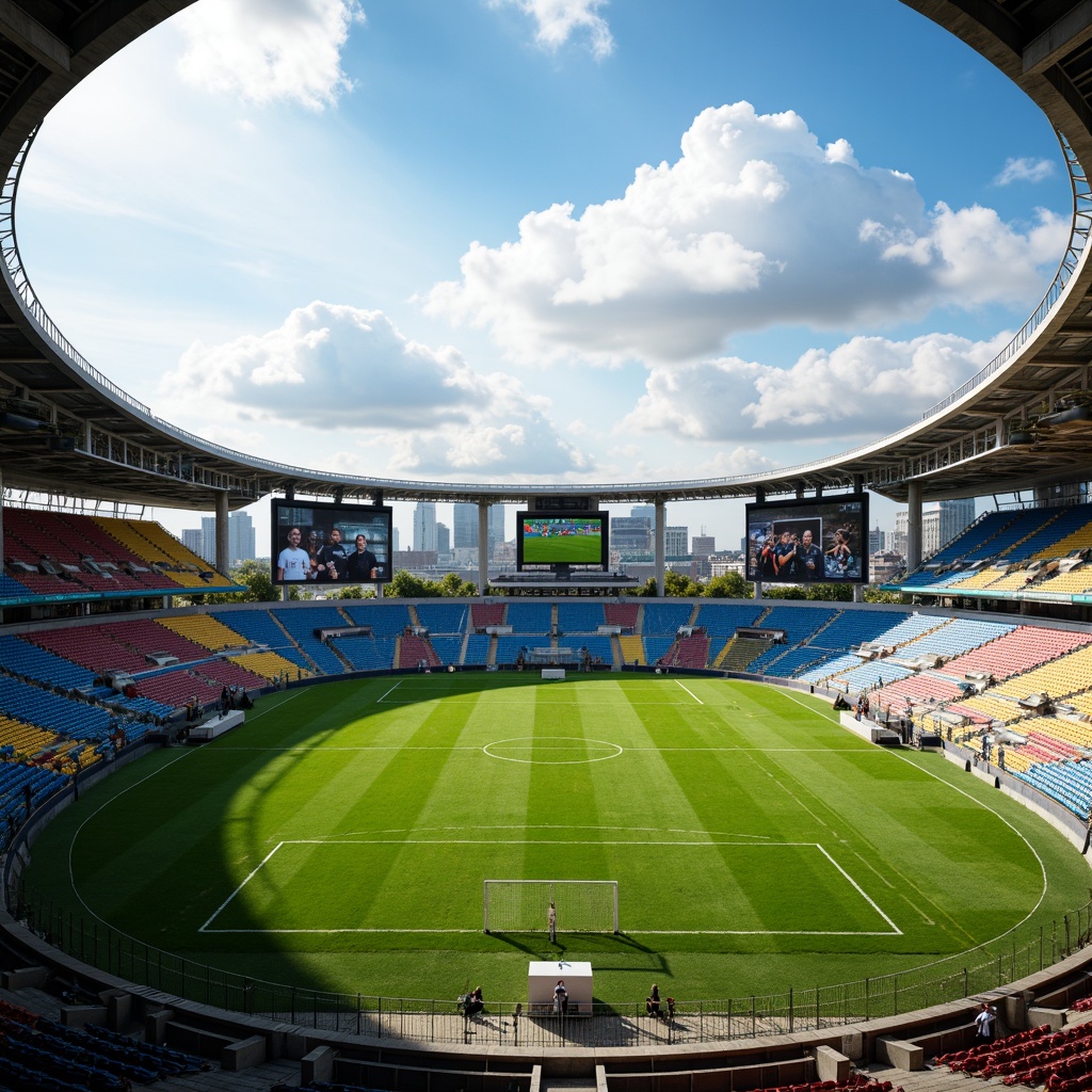 Prompt: Panoramic football stadium, lush green grass, vibrant team colors, tiered seating, floodlights, scoreboard displays, athletic tracks, natural stone fa\u00e7ades, modern architecture, curved lines, cantilevered roofs, open-air concourses, urban cityscape, sunny day, dramatic cloud formations, shallow depth of field, 3/4 composition, realistic textures, ambient occlusion.