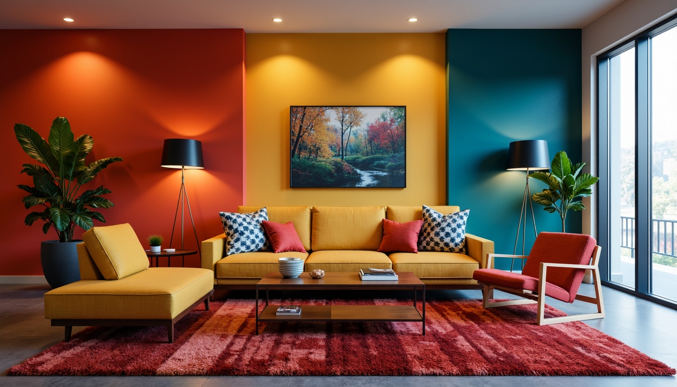 Prompt: Vibrant accent walls, bold color blocking, contrasting furniture upholstery, richly textured rugs, metallic decorative accents, modern minimalist decor, sleek low-profile seating, geometric patterned throw pillows, warm ambient lighting, soft focus blur, 1/2 composition, shallow depth of field, realistic material reflections.