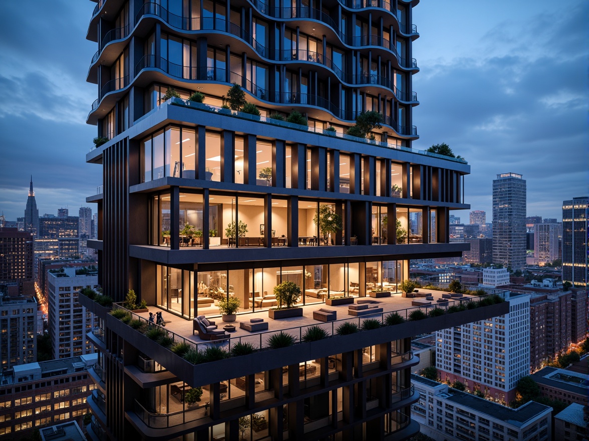 Prompt: Luxurious penthouse, futuristic facade design, sleek metallic materials, angular lines, minimalist aesthetic, floor-to-ceiling windows, panoramic city views, rooftop gardens, modern skyscraper architecture, neon lights, vibrant color schemes, reflective glass surfaces, cantilevered balconies, urban landscape, bustling metropolis, dramatic nighttime lighting, shallow depth of field, 1/1 composition, realistic textures, ambient occlusion.