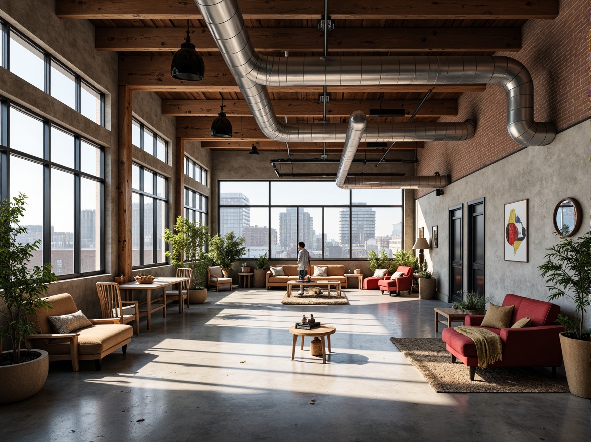 Prompt: Exposed ductwork, industrial pipes, reclaimed wood accents, metal beams, concrete floors, brick walls, large windows, skylights, open floor plans, minimalist decor, functional spaces, eclectic furniture, vintage decorative items, bold color schemes, abstract artwork, urban cityscape views, natural light pouring in, high ceilings, airy atmosphere, 3/4 composition, shallow depth of field, realistic textures, ambient occlusion.