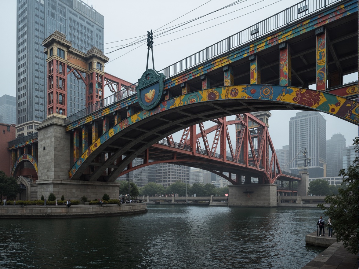 Prompt: Eclectic bridge architecture, curved lines, irregular shapes, mixed materials, steel beams, stone pillars, wooden decks, vibrant color schemes, ornate details, Gothic-inspired arches, Romanesque columns, Art Nouveau motifs, futuristic accents, dynamic lighting, misty atmosphere, urban cityscape, riverbank setting, pedestrian walkways, vehicle traffic flow, 1/2 composition, low-angle shot, dramatic shadows, realistic textures, ambient occlusion.