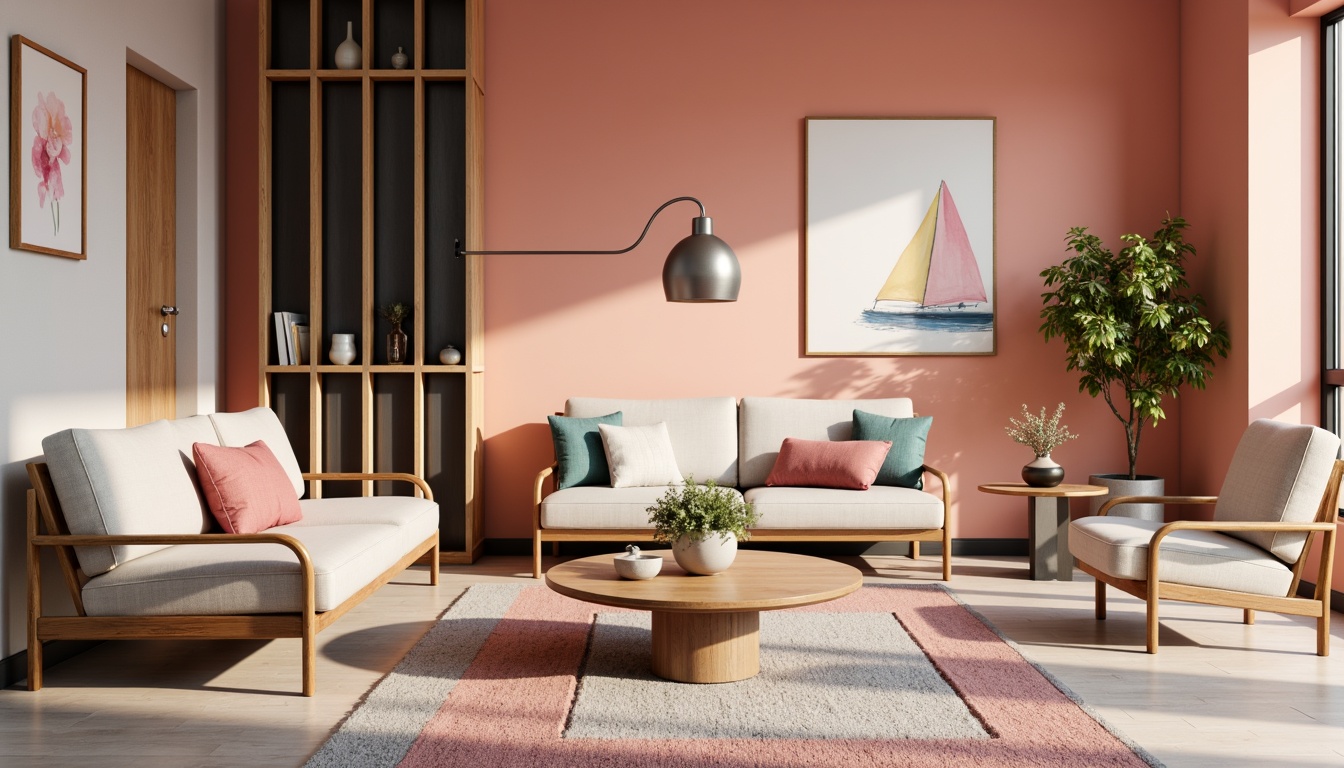 Prompt: Vibrant modern interior, bold color blocking, pastel hues, soft peach tones, rich charcoal accents, metallic silver highlights, natural wood textures, sleek minimalist furniture, geometric patterned rugs, abstract artwork, warm ambient lighting, shallow depth of field, 1/1 composition, realistic renderings, subtle gradient effects.