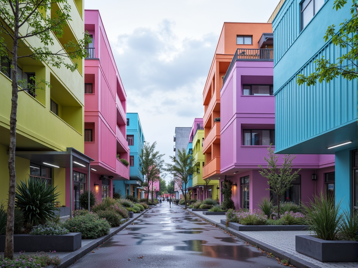 Prompt: Vibrant modernist architecture, bold geometric shapes, monochromatic color scheme, pastel hues, neon accents, metallic finishes, sleek glass surfaces, minimalist decor, industrial materials, urban cityscape, cloudy grey sky, dramatic shadows, high contrast lighting, 1/1 composition, symmetrical framing, abstract textures, atmospheric perspective.