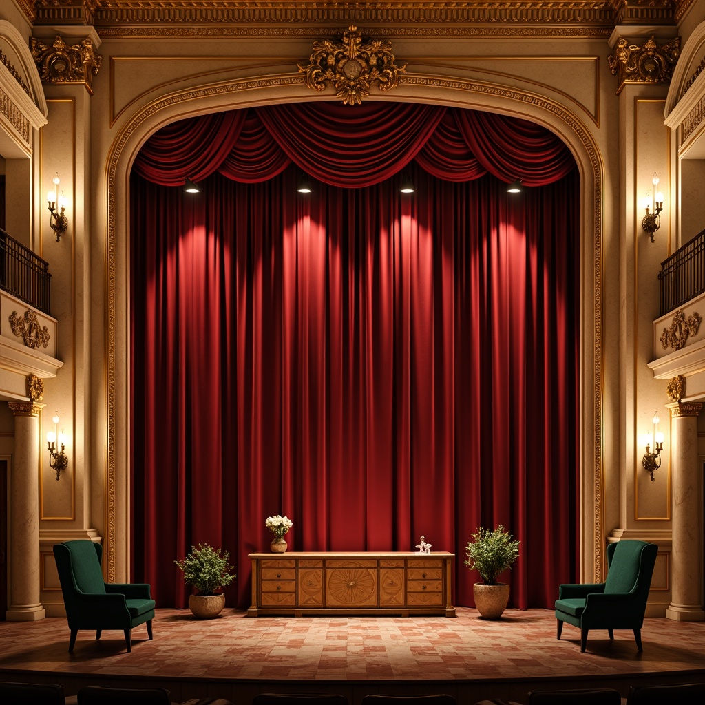 Prompt: Rich velvet curtains, ornate golden frames, soft warm lighting, majestic stage presence, neoclassical architectural details, cream-colored marble columns, intricate moldings, lavish chandeliers, crimson red accents, emerald green upholstery, luxurious silk fabrics, subtle sheen textures, dramatic spotlights, 3/4 composition, shallow depth of field, realistic reflections, ambient occlusion.