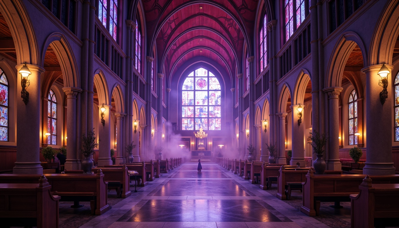 Prompt: Rich amethyst hues, luxurious velvet textures, ornate Gothic arches, grandiose cathedral ceilings, mystical purple mist, lavish jewel-toned accents, regal crown molding, opulent marble floors, intricate stone carvings, majestic stained glass windows, warm golden lighting, dramatic shadows, 1/2 composition, low-angle shot, cinematic atmosphere, realistic reflections.