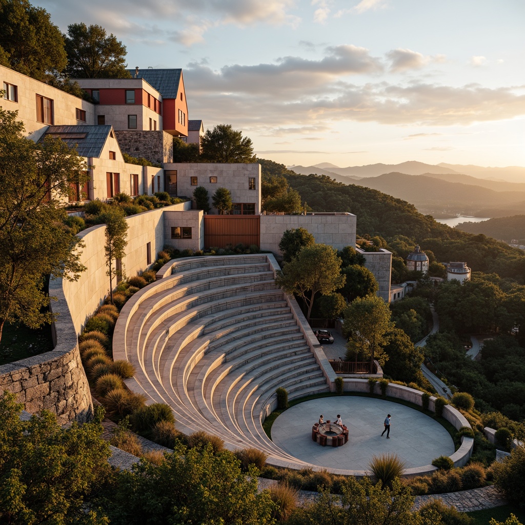 Prompt: Grand amphitheater, postmodern architecture, irregular shapes, fragmented forms, bold colors, eclectic materials, rugged stone walls, distressed wood accents, undulating terrain, lush greenery, meandering pathways, scenic overlooks, dramatic lighting, warm sunset glow, shallow depth of field, 1/2 composition, cinematic view, realistic textures, ambient occlusion.