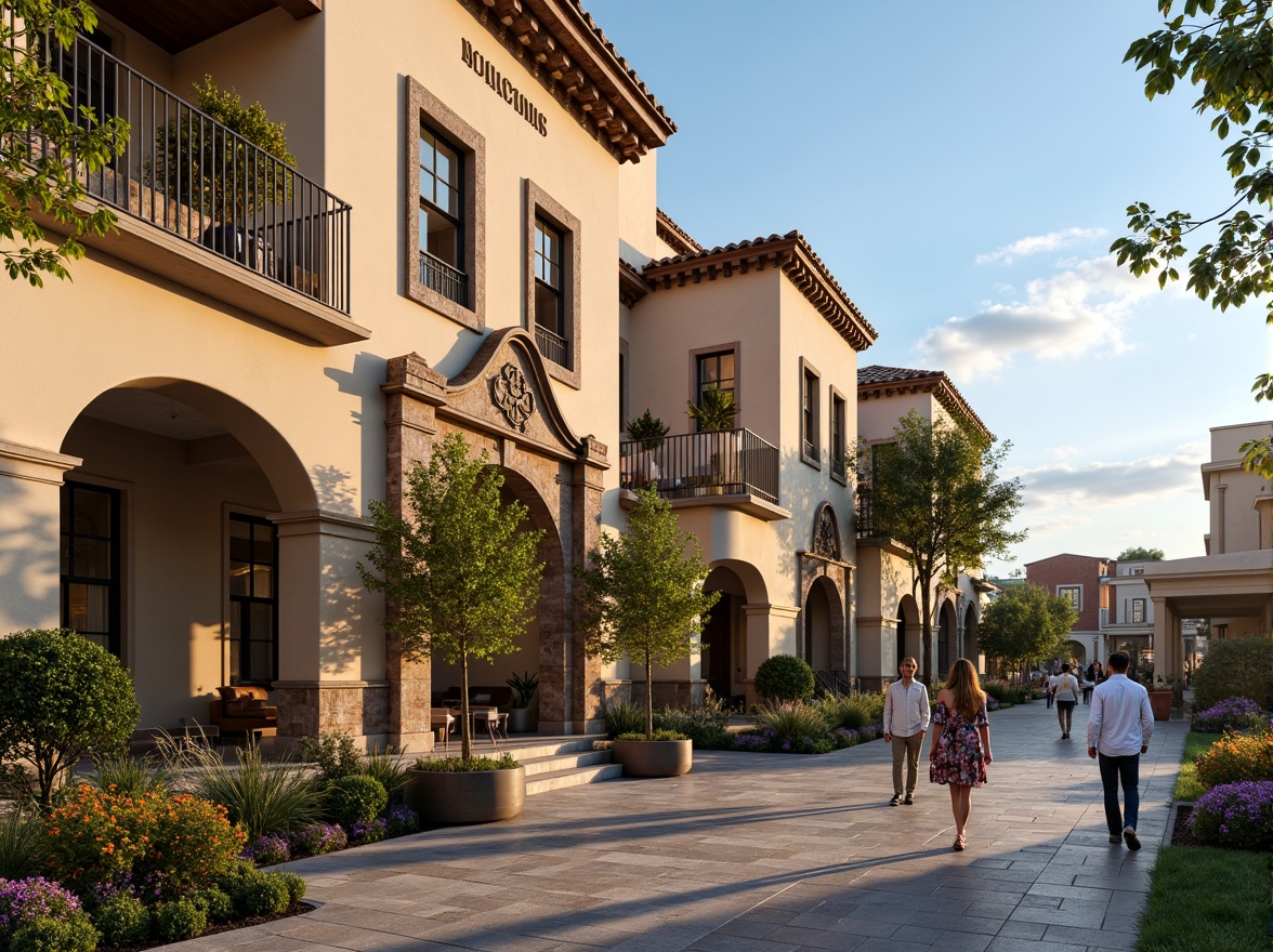 Prompt: Earth-toned facade, regionalist architecture, ornate stone carvings, grand entrance arches, symmetrical composition, rusticated base, decorative cornices, classical columns, arched windows, wrought iron balconies, terra cotta roofing, warm beige stucco, lush greenery, vibrant flowers, pedestrian walkways, urban plaza, morning sunlight, soft warm lighting, shallow depth of field, 3/4 composition, realistic textures, ambient occlusion.