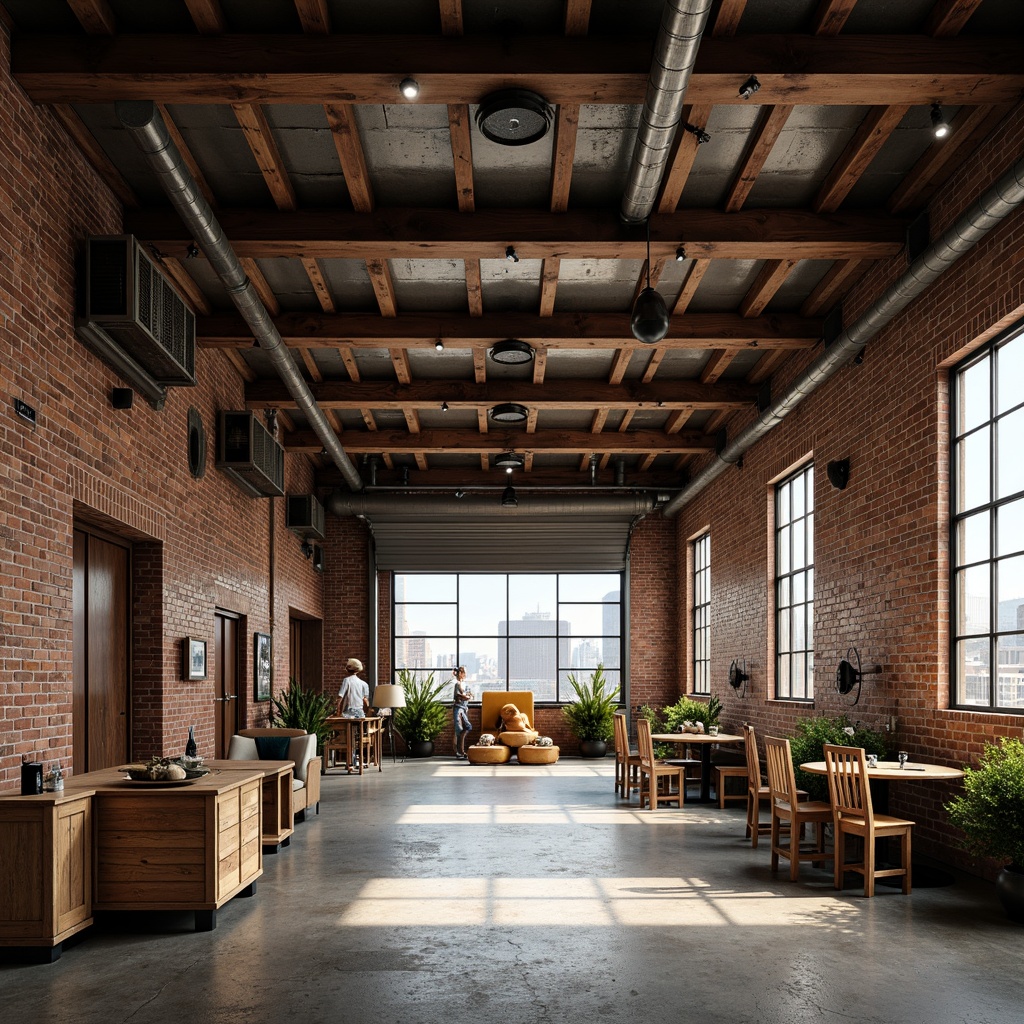 Prompt: Rustic warehouse, exposed brick walls, metal beams, wooden crates, industrial lighting, concrete floors, steel frames, corrugated metal roofs, reclaimed wood accents, earthy color palette, natural textures, urban landscape, cityscape views, functional design, open spaces, minimal ornamentation, raw finishes, distressed materials, vintage machinery, eclectic decor, warm atmospheric lighting, shallow depth of field, 1/1 composition, realistic renderings.