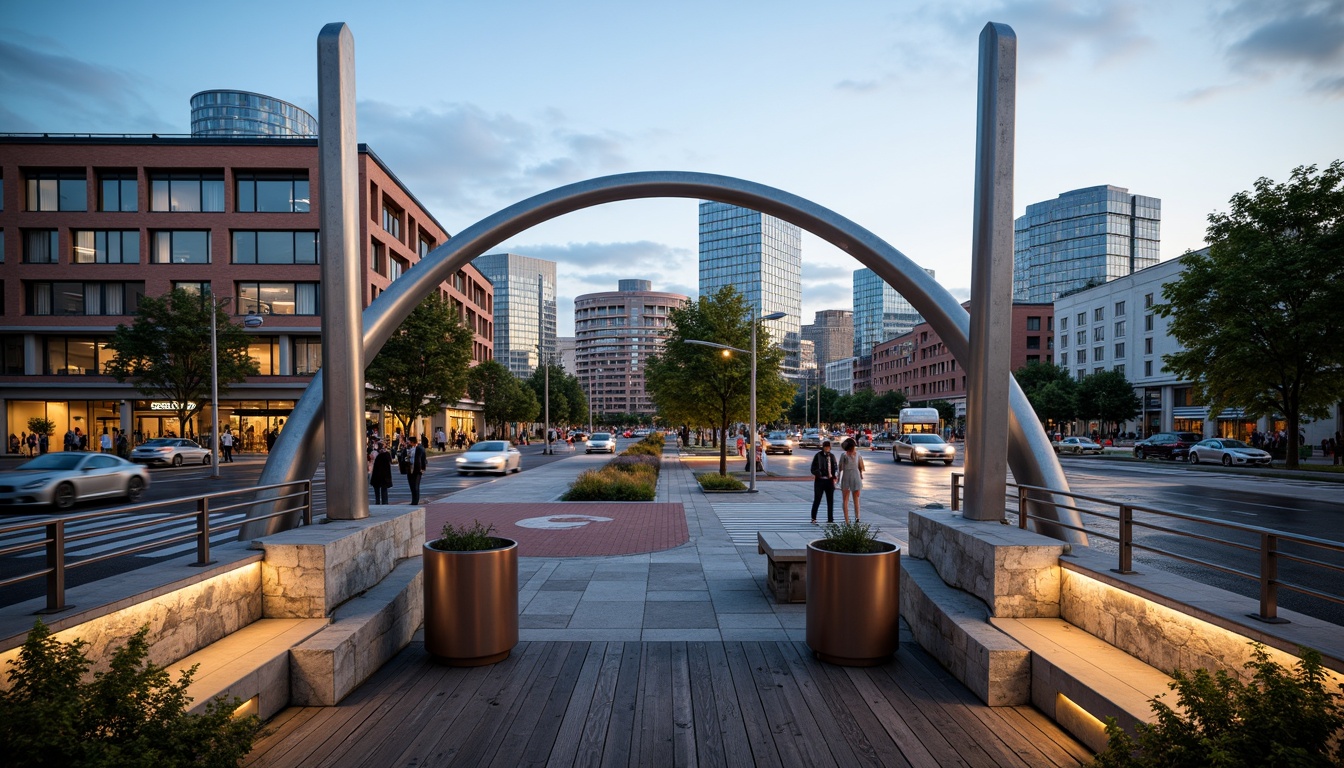 Prompt: Modern pedestrian bridge, sleek steel arches, durable concrete piers, weathered wood decking, stainless steel railings, minimalist lighting fixtures, urban cityscape, busy street traffic, vibrant greenery, natural stone abutments, cantilevered walkways, suspension cables, dynamic structural systems, innovative materials, sustainable design, eco-friendly construction, warm ambient lighting, shallow depth of field, 3/4 composition, panoramic view, realistic textures, ambient occlusion.