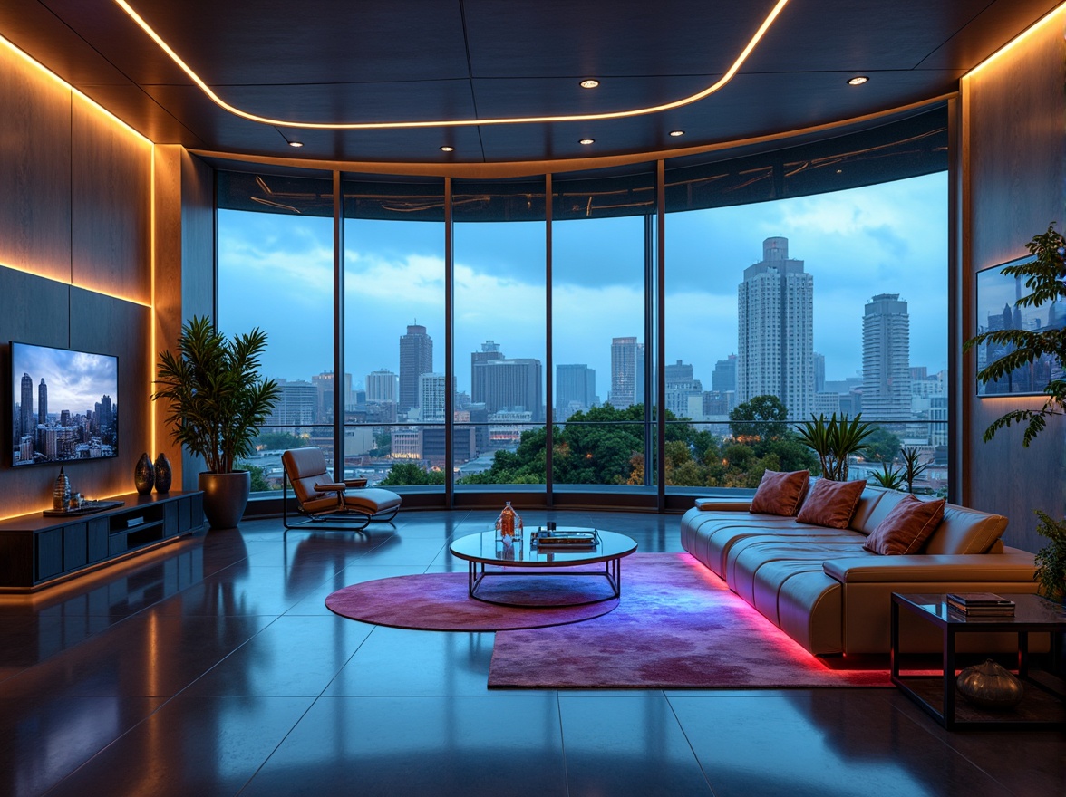 Prompt: Futuristic living room, sleek metallic walls, neon-lit LED floors, minimalist furniture, curved lines, holographic displays, virtual reality zones, ambient lighting, atmospheric fog effects, 3D-printed decorative elements, translucent glass tables, levitating chairs, smart home automation systems, voice-controlled interfaces, futuristic kitchen appliances, induction cooktops, robotic arms, hydroponic gardens, vertical farming systems, panoramic city views, floor-to-ceiling windows, sliding glass doors, soft warm glow, shallow depth of field, 1/1 composition.