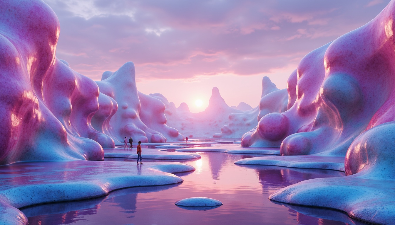 Prompt: Vibrant blob-like structures, iridescent colors, shimmering effects, neon hues, pastel shades, soft gradients, glowing accents, luminescent materials, futuristic ambiance, sci-fi inspired design, abstract shapes, organic forms, fluid dynamics, dreamy atmosphere, surreal landscapes, misty backgrounds, ethereal lighting, 3/4 composition, panoramic view, realistic textures, ambient occlusion.