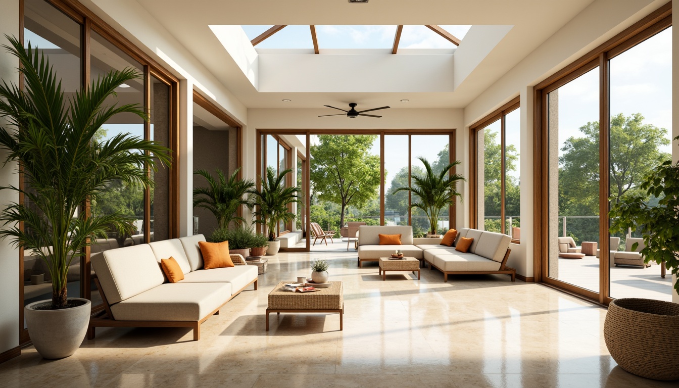 Prompt: Vibrant living room, floor-to-ceiling windows, sliding glass doors, minimal window frames, clerestory windows, skylights, open-plan layout, reflective surfaces, polished marble floors, creamy white walls, warm beige furniture, lush greenery, potted plants, natural textiles, woven baskets, soft warm lighting, shallow depth of field, 1/1 composition, panoramic view, realistic textures, ambient occlusion.