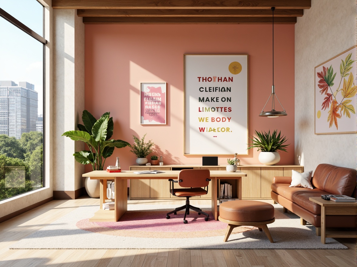 Prompt: Vibrant design studio, modern minimalist interior, sleek wooden desk, ergonomic chair, colorful artwork, inspirational quotes, natural light pouring in, large windows, urban cityscape view, warm beige walls, rich brown furniture, pastel pink accents, soft peach tones, creamy whites, bold typography, geometric patterns, abstract shapes, 3D visualizations, atmospheric lighting, shallow depth of field, 2/3 composition, realistic textures, ambient occlusion.