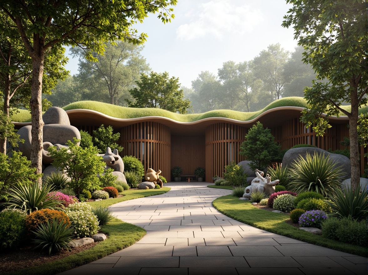 Prompt: Whimsical zoo entrance, undulating organic forms, vibrant green roofs, wavy wooden structures, natural stone walls, playful animal sculptures, meandering pathways, lush tropical plants, exotic flowers, misty atmosphere, soft warm lighting, shallow depth of field, 1/1 composition, panoramic view, realistic textures, ambient occlusion, futuristic biomimicry elements, curved lines, irregular shapes, earthy color palette, natural ventilation systems, eco-friendly materials, innovative water features.