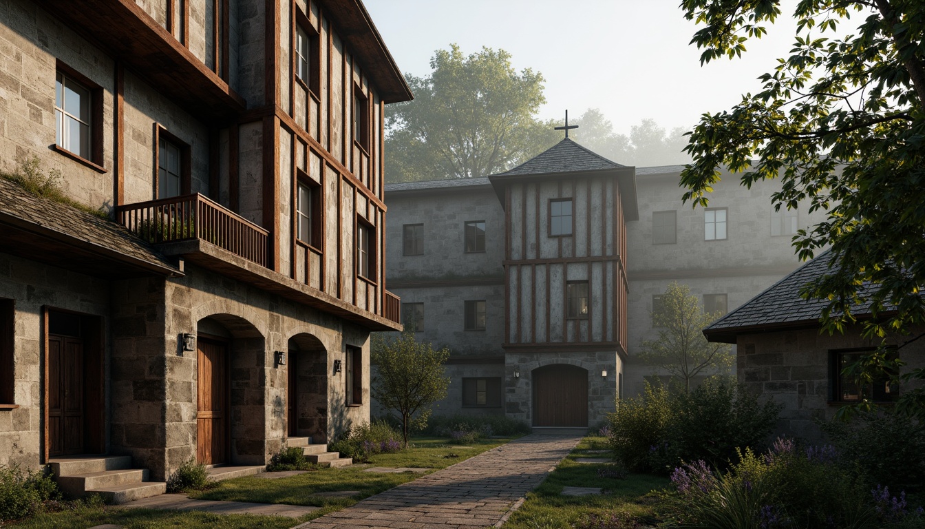 Prompt: Weathered stone walls, rusty metal accents, wooden beam structures, worn brick textures, moss-covered roofs, ivy-clad facades, ancient tree surroundings, misty morning atmosphere, soft warm lighting, shallow depth of field, 3/4 composition, panoramic view, realistic textures, ambient occlusion, medieval-inspired architecture, fortified towers, grandeur scale, mysterious ambiance, eerie silence.