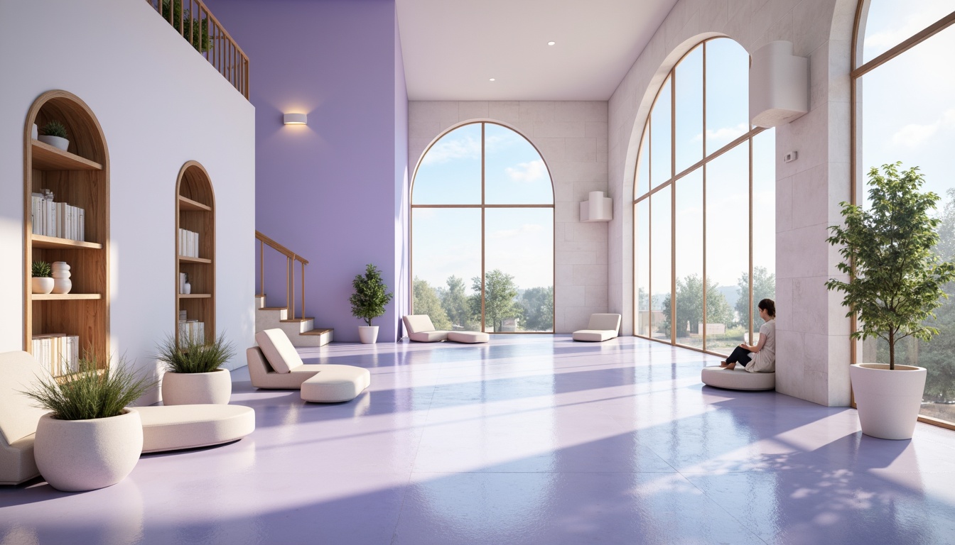 Prompt: Soft lavender blue hues, calming atmosphere, serene architectural design, gentle curves, rounded edges, soothing color scheme, pastel shades, creamy whites, warm beige accents, natural stone textures, wooden elements, minimalist decor, cozy reading nooks, floor-to-ceiling windows, abundant natural light, softbox lighting, shallow depth of field, 1/1 composition, intimate scale, peaceful ambiance, subtle gradient effects.