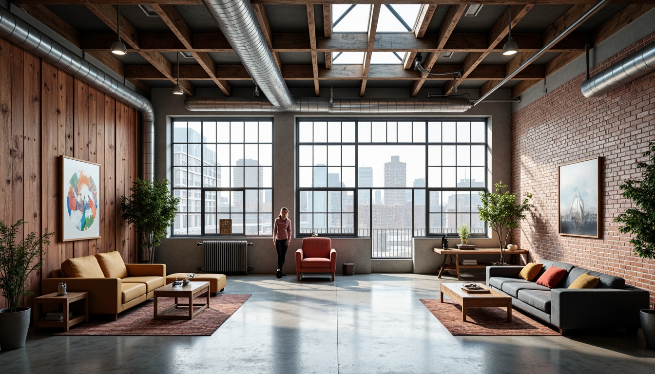 Prompt: Exposed ductwork, industrial pipes, reclaimed wood accents, metal beams, concrete floors, brick walls, large windows, skylights, open floor plans, minimalist decor, functional spaces, eclectic furniture, vintage decorative items, bold color schemes, abstract artwork, urban cityscape views, natural light pouring in, high ceilings, airy atmosphere, 3/4 composition, shallow depth of field, realistic textures, ambient occlusion.