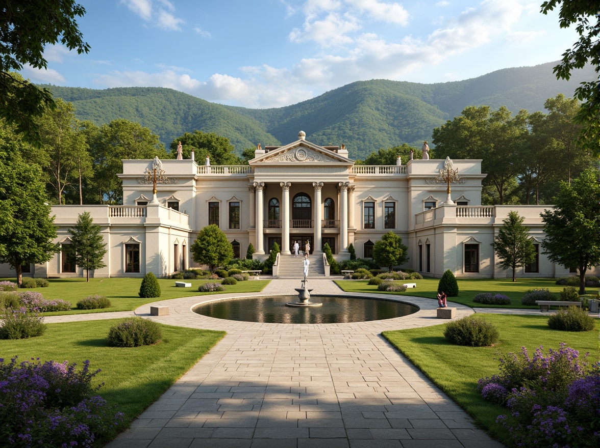 Prompt: Grand neoclassical mansion, symmetrical facade, ornate columns, carved stone details, lush greenery, rolling hills, serene lake, walking paths, benches, classical statues, vibrant flowers, blooming trees, sunny day, soft warm lighting, shallow depth of field, 3/4 composition, panoramic view, realistic textures, ambient occlusion, harmonious integration with nature, elegant landscaping, manicured lawns, decorative fountains, ornate iron gates.