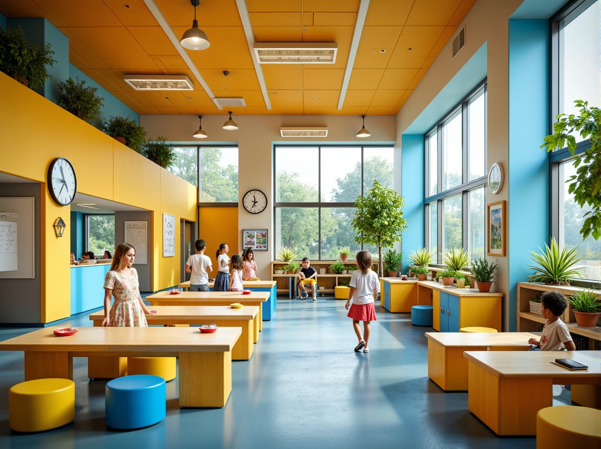 Prompt: Vibrant elementary school, playful color scheme, warm beige walls, bright blue accents, energetic yellow furniture, stimulating greenery, interactive whiteboards, collaborative learning spaces, natural light pouring in, softbox lighting, shallow depth of field, 3/4 composition, panoramic view, realistic textures, ambient occlusion.