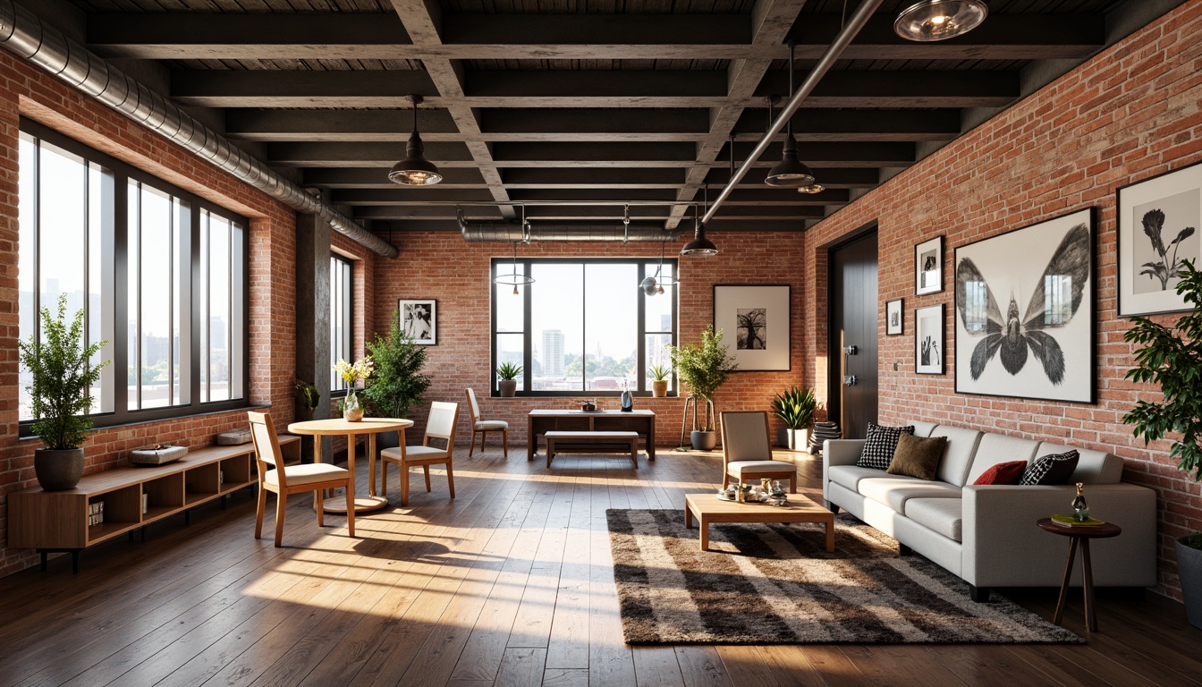 Prompt: Exposed brick walls, industrial metal beams, reclaimed wood floors, minimalist decor, abundant natural light, airy open spaces, eclectic furniture mix, vintage decorative items, urban cityscape views, concrete columns, steel windows, modern art pieces, abstract sculptures, bold colorful accents, high ceilings, functional modular layout, flexible living areas, cozy reading nooks, warm atmospheric lighting, shallow depth of field, 1/1 composition, realistic textures, ambient occlusion.