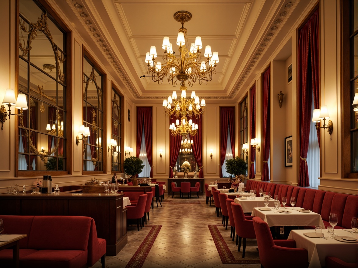 Prompt: Elegant dining hall, luxurious chandeliers, rich wood tones, warm beige walls, soft cream accents, velvety red upholstery, golden metal fixtures, ornate mirrors, lavish curtains, sophisticated ambiance, intimate seating areas, warm candlelight, shallow depth of field, 1/1 composition, realistic textures, ambient occlusion.