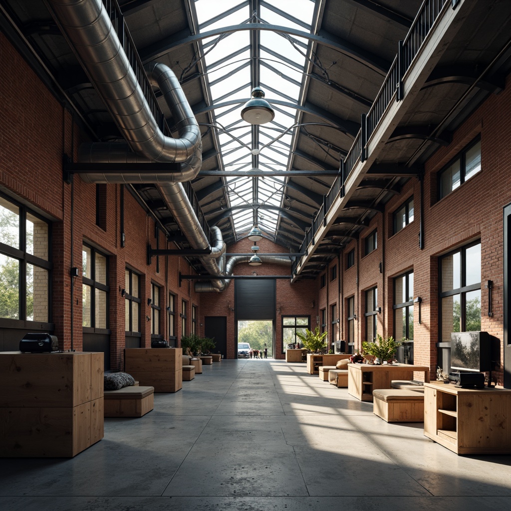 Prompt: Industrial warehouse interior, exposed ductwork, metal beams, concrete floors, rustic brick walls, high ceilings, natural light pouring through skylights, warm ambient lighting, softbox lights, task lamps, suspended linear fixtures, LED strips, diffused shadows, subtle color temperature, 1/2 composition, shallow depth of field, realistic textures, ambient occlusion.