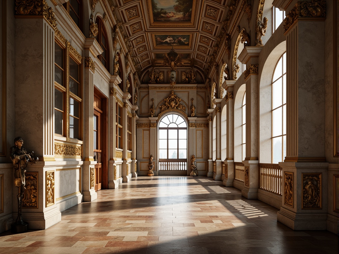 Prompt: Grandiose palaces, ornate facades, classical columns, carved stone decorations, intricate moldings, gilded accents, ornamental balconies, arched windows, rusticated bases, sculpted figurines, frescoed ceilings, marble floors, symmetrical compositions, dramatic lighting, warm color palette, rich textures, subtle shadows, 3/4 perspective, realistic renderings.