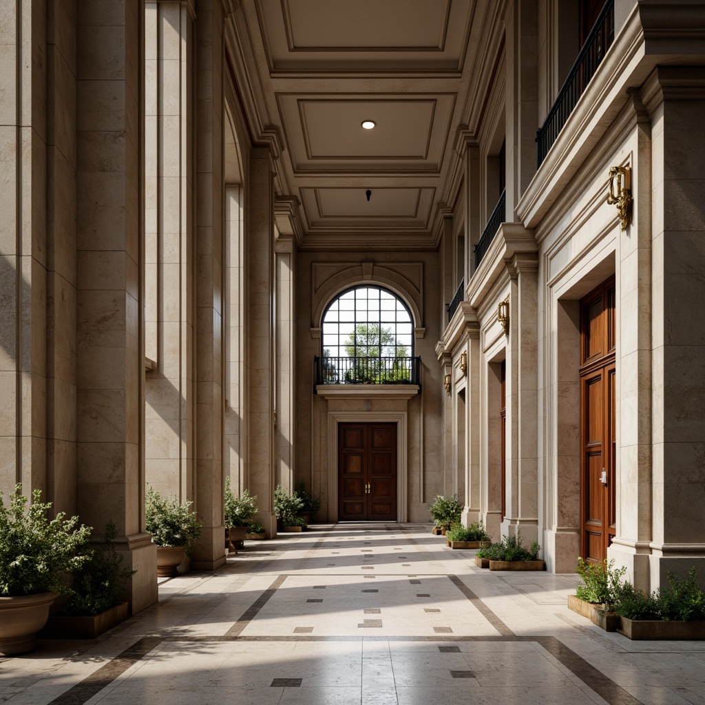 Prompt: Elegant university building, neoclassical facade, limestone walls, granite columns, ornate details, wooden doors, bronze hardware, stained glass windows, high ceilings, marble floors, intricate moldings, subtle color palette, natural light, soft warm lighting, shallow depth of field, 1/1 composition, symmetrical view, realistic textures, ambient occlusion.