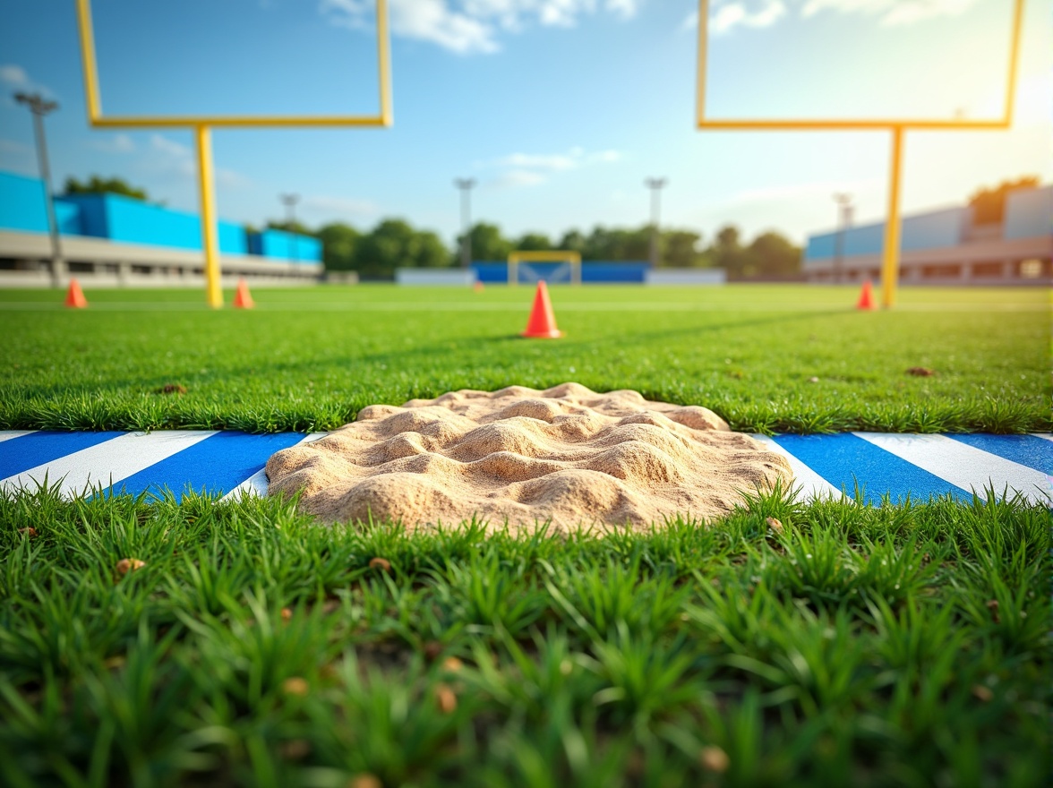 Prompt: Vibrant green grass, bright white lines, bold blue accents, warm beige sand, dynamic yellow goalposts, energetic orange cones, fresh air atmosphere, sunny day lighting, shallow depth of field, 3/4 composition, panoramic view, realistic textures, ambient occlusion.