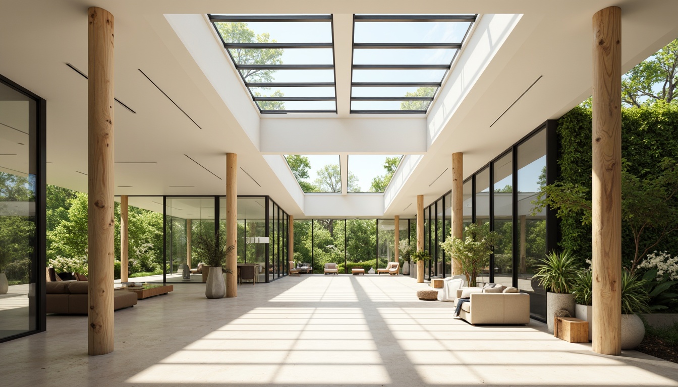 Prompt: Spacious open-plan interior, floor-to-ceiling windows, sliding glass doors, clerestory windows, skylights, reflective surfaces, minimal obstructions, airy atmosphere, natural ventilation, passive solar design, green roofs, living walls, lush vegetation, warm sunny day, soft diffused lighting, high ceilings, minimalist decor, light-colored materials, transparent partitions, seamless transitions, 1/1 composition, realistic textures, ambient occlusion.