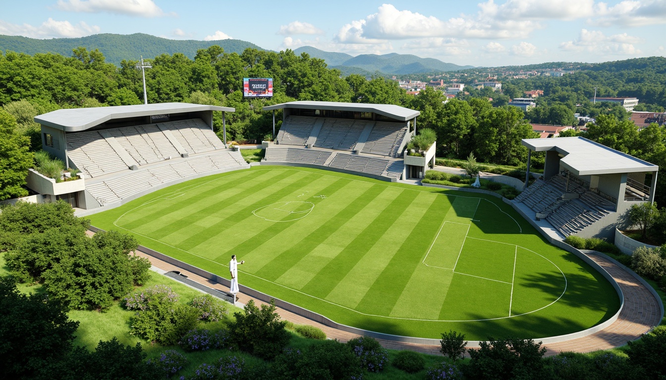 Prompt: Vibrant sports field, lush green grass, undulating terrain, meandering pathways, organic curves, futuristic architecture, sleek metal bleachers, transparent roofs, angular lines, minimalist design, sustainable energy solutions, solar panels, wind turbines, water conservation systems, green roofs, eco-friendly materials, innovative cooling technologies, shaded outdoor spaces, misting systems, dynamic lighting, 3/4 composition, panoramic view, realistic textures, ambient occlusion.