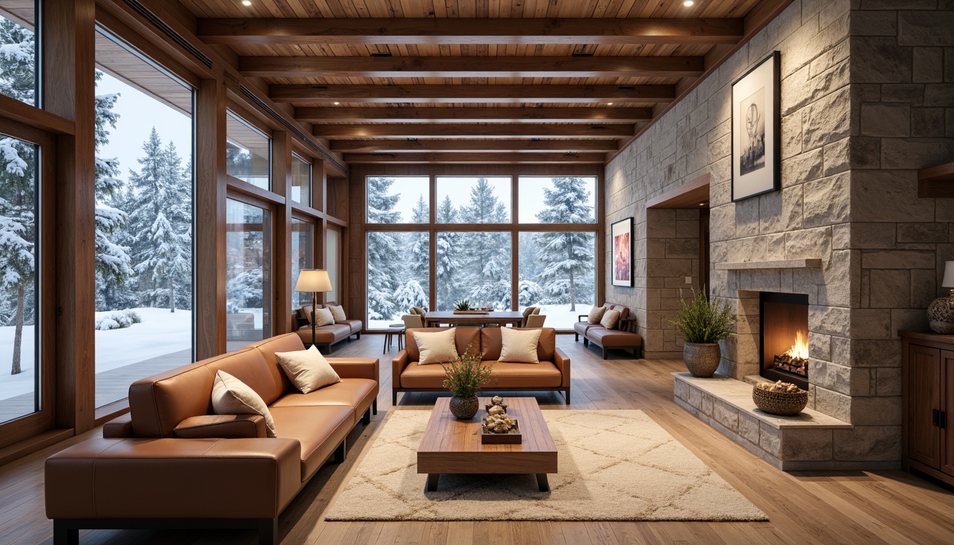 Prompt: Luxurious ski lodge, modern wooden accents, sleek metal fixtures, warm ambient lighting, plush area rugs, comfortable sofas, rustic stone fireplaces, reclaimed wood walls, polished chrome hardware, minimalist decor, snowy mountain views, large windows, sliding glass doors, cozy reading nooks, rich leather upholstery, natural textiles, earthy color palette, warm beige tones, soft cream accents, 1/1 composition, shallow depth of field, realistic reflections, ambient occlusion.