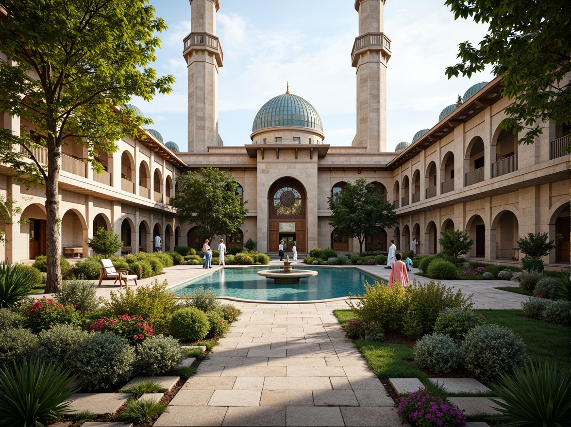 Prompt: Serenity-inducing mosque courtyard, lush greenery, vibrant flowers, intricately patterned tiles, Islamic-inspired arches, majestic minarets, natural stone walkways, water features, reflection pools, peaceful ambiance, soft warm lighting, shallow depth of field, 3/4 composition, panoramic view, realistic textures, ambient occlusion, sustainable materials, rainwater harvesting systems, green roofs, eco-friendly irrigation systems, innovative shading devices, misting systems, Arabic-inspired calligraphy, vibrant colorful textiles, intricate geometric motifs.