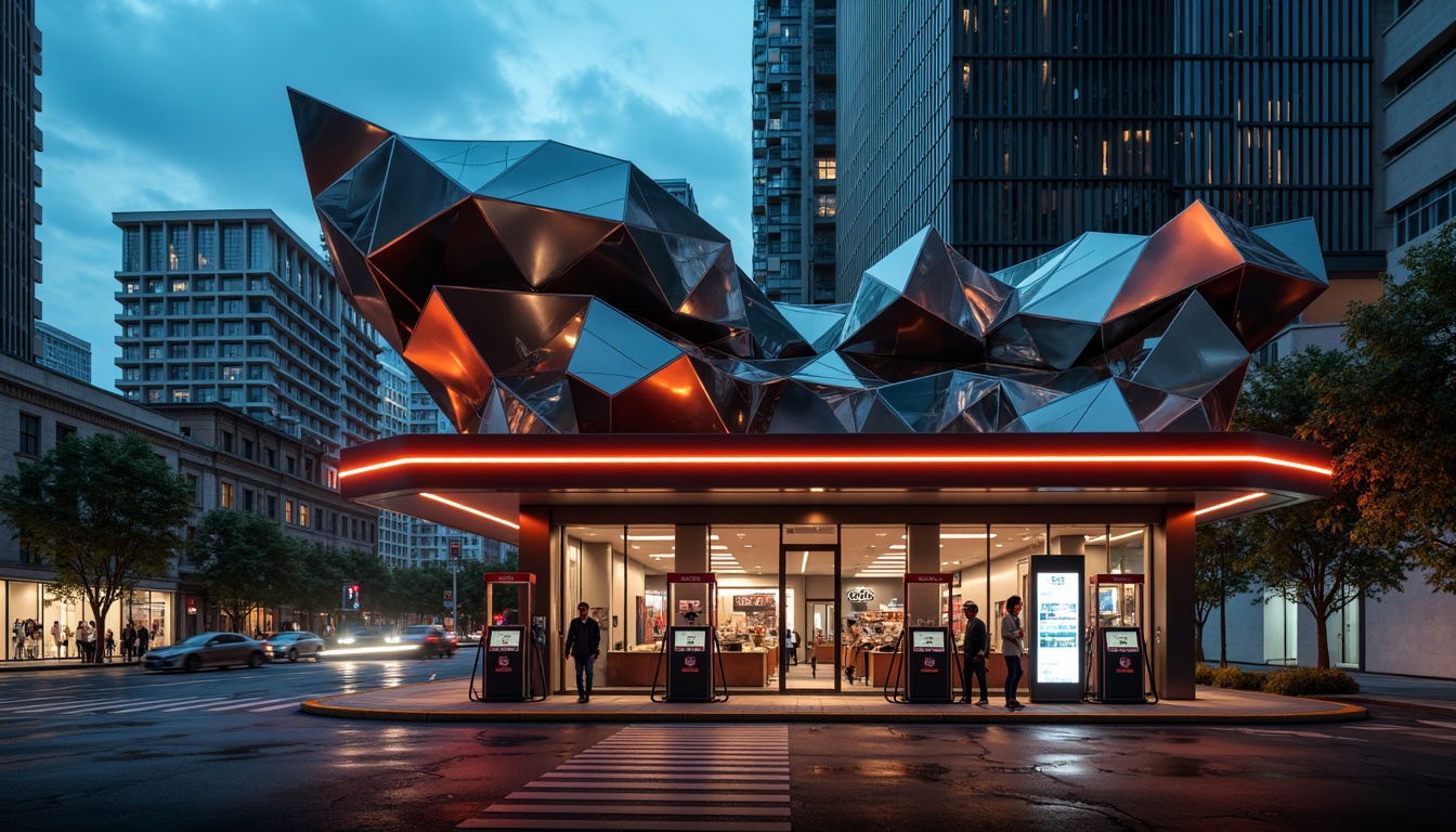 Prompt: Fragmented gas station facade, irregular shapes, bold color contrasts, dynamic angular lines, fractured forms, futuristic aesthetic, metallic materials, reflective surfaces, neon lights, urban cityscape, busy streets, evening atmosphere, dramatic shadows, high-contrast lighting, 1/1 composition, close-up shot, abstract textures, atmospheric fog.