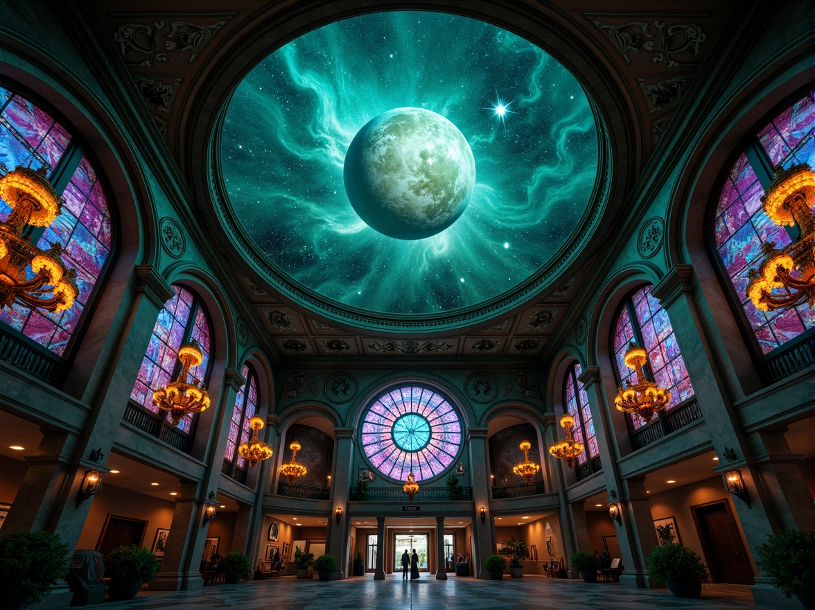 Prompt: Dark mysterious planetarium, gothic arches, celestial bodies, starry night sky, rich jewel-toned colors, emerald green, sapphire blue, amethyst purple, gold accents, intricate stone carvings, ornate metalwork, stained glass windows, grandiose chandeliers, mystical ambiance, soft ethereal lighting, dramatic shadows, 1/1 composition, symmetrical framing, high contrast ratio, cinematic atmosphere.