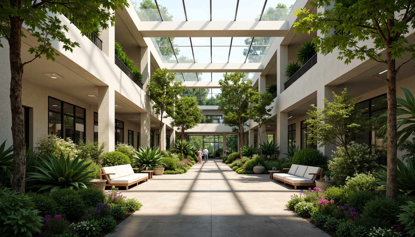 Prompt: Vibrant atrium, lush greenery, natural stone walls, floor-to-ceiling windows, clerestory windows, skylights, solar tubes, reflective surfaces, minimalist interior design, open-plan layout, airy atmosphere, warm sunny day, soft diffused lighting, shallow depth of field, 1/1 composition, panoramic view, realistic textures, ambient occlusion.