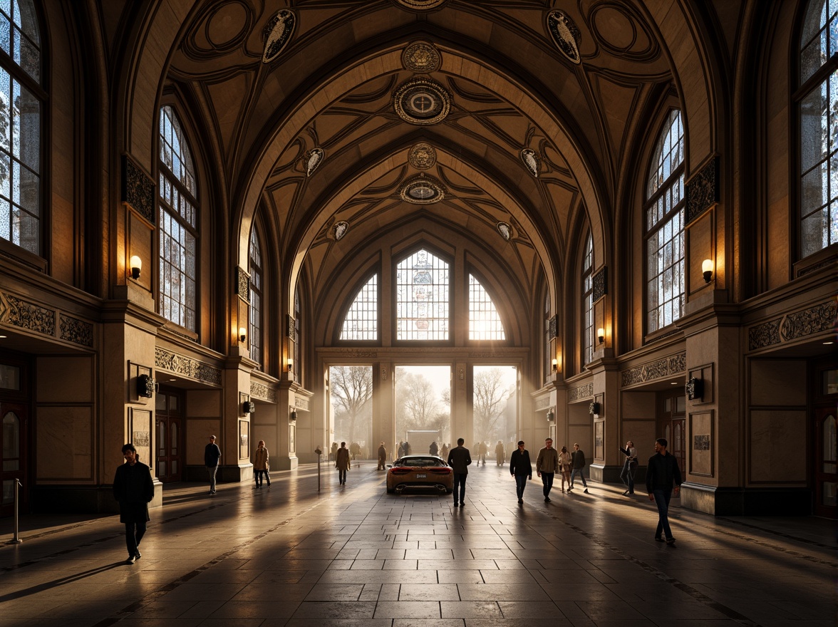 Prompt: Grandiose metro station, vaulted ceilings, ribbed arches, ornate carvings, stained glass windows, intricate mosaics, dark stone walls, polished marble floors, metallic accents, industrial lighting fixtures, dramatic shadows, warm golden illumination, atmospheric fog effects, cinematic composition, symmetrical framing, rich textures, detailed normal maps.