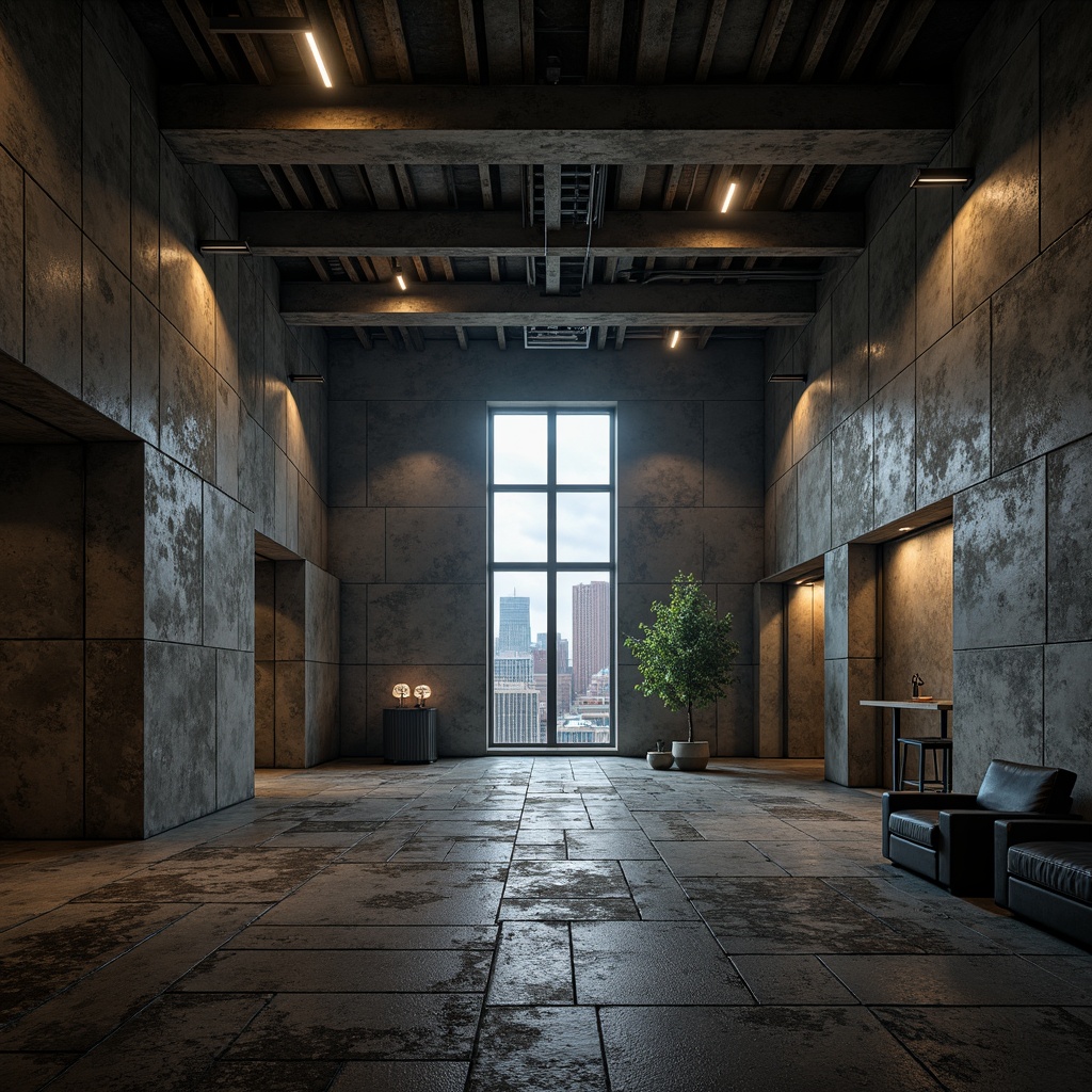 Prompt: Rough-hewn concrete walls, exposed ductwork, industrial metal beams, brutalist architecture, cinematic lighting, dramatic shadows, high-contrast textures, rugged stone floors, distressed wood accents, urban cityscape, overcast skies, moody atmospheric effects, low-angle camera shots, symmetrical composition, bold color grading, gritty realistic rendering, detailed 3D modeling, ambient occlusion, cinematic depth of field.