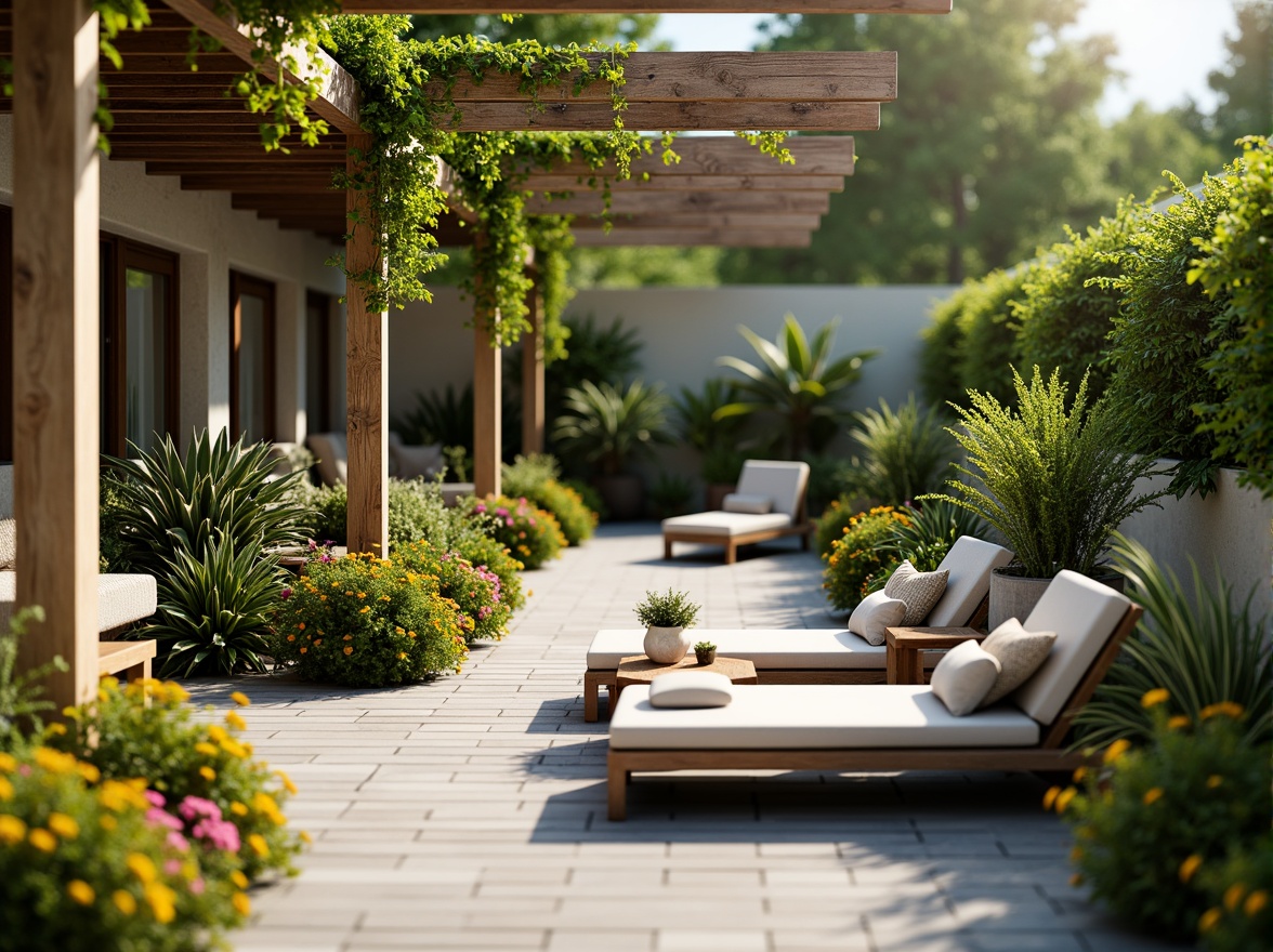 Prompt: Cozy patio, lush greenery, vibrant flowers, comfortable outdoor furniture, soft cushions, warm lighting, natural stone flooring, wooden accents, modern pergola, climbing plants, serene ambiance, shallow depth of field, 1/1 composition, realistic textures, ambient occlusion, sunny day, gentle breeze, refreshing water features, soothing sound effects.