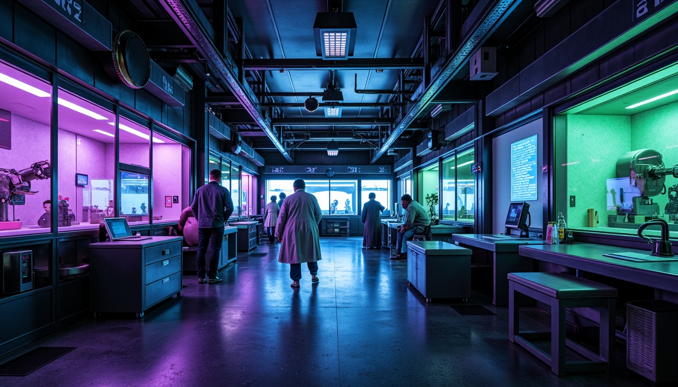 Prompt: Futuristic laboratory, neon-lit corridors, metallic surfaces, holographic displays, sleek machinery, robotic arms, LED lights, dark blues, electric purples, neon greens, chrome accents, glass partitions, minimalist decor, high-gloss finishes, ambient occlusion, softbox lighting, 1/1 composition, cinematic atmosphere.