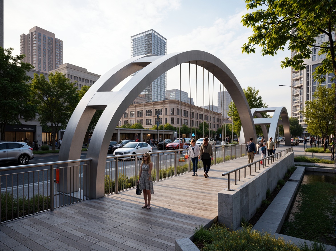 Prompt: Modern pedestrian bridge, sleek steel arches, durable concrete piers, weathered wood decking, stainless steel railings, minimalist lighting fixtures, urban cityscape, busy street traffic, vibrant greenery, natural stone abutments, cantilevered walkways, suspension cables, dynamic structural systems, innovative materials, sustainable design, eco-friendly construction, warm ambient lighting, shallow depth of field, 3/4 composition, panoramic view, realistic textures, ambient occlusion.