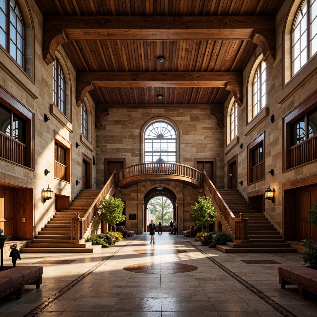 Prompt: Renaissance-style high school building, rustic stone walls, wooden accents, ornate metalwork, grand entrance halls, sweeping staircases, vaulted ceilings, stained glass windows, intricate mosaics, polished marble floors, rich wood paneling, luxurious velvet drapes, warm golden lighting, shallow depth of field, 1/1 composition, symmetrical framing, realistic textures, ambient occlusion.