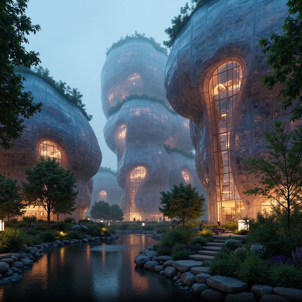 Prompt: Organic energy plant, curvaceous blob-like structures, iridescent bioluminescent skin, translucent membranes, undulating tendrils, fractal patterns, soft glowing accents, misty atmospheric effects, warm ambient lighting, shallow depth of field, 1/1 composition, realistic textures, ambient occlusion, futuristic sustainable design, eco-friendly materials, innovative energy harvesting systems, solar panels, wind turbines, water conservation systems, green roofs, vibrant colorful accents, intricate geometric motifs.