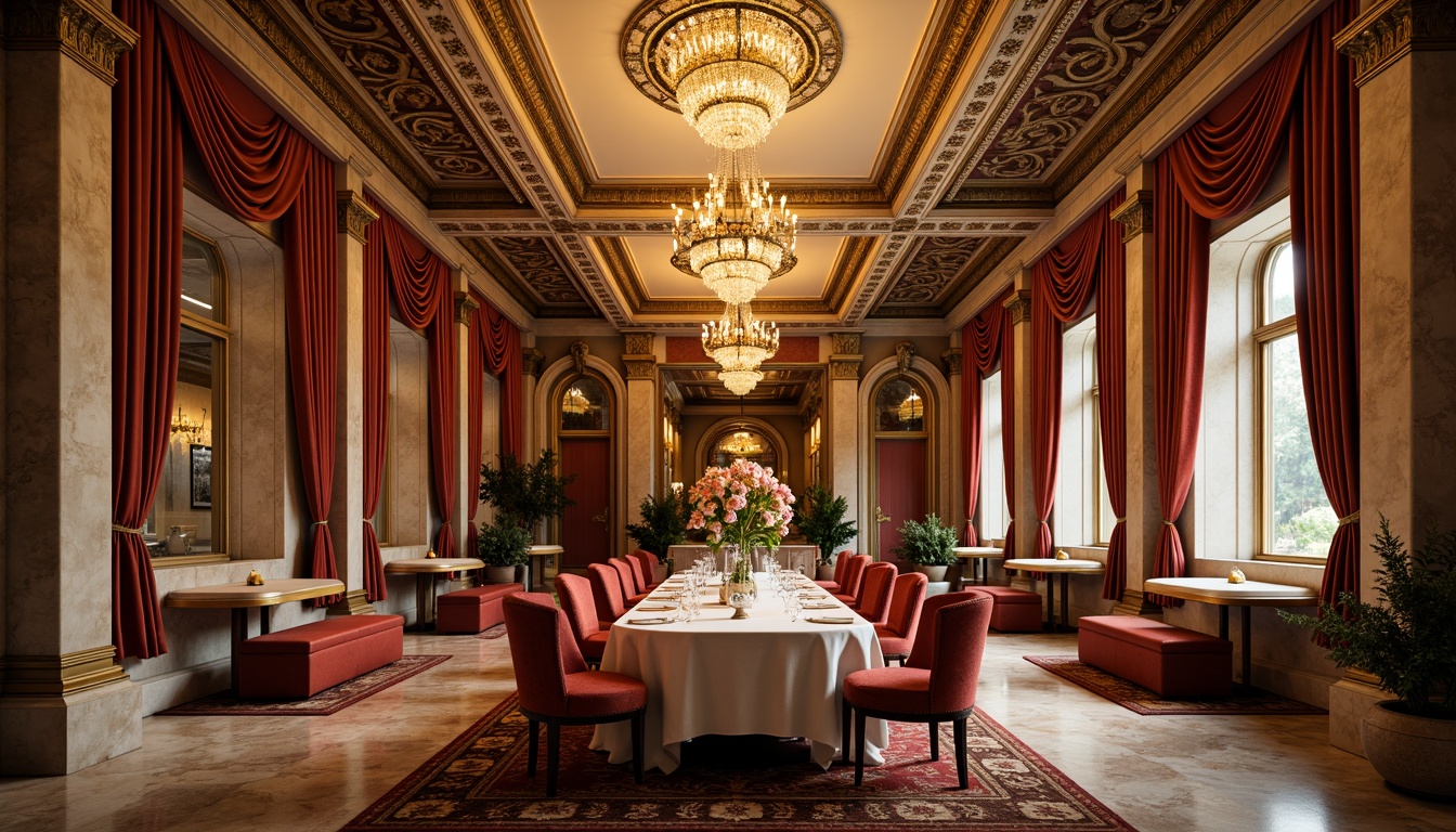 Prompt: Luxurious dining hall, ornate ceiling designs, intricate moldings, gilded details, crystal chandeliers, grandiose archways, marble floors, rich wood paneling, lavish furnishings, opulent fabrics, regal color schemes, warm golden lighting, soft shadows, 1/1 composition, realistic textures, ambient occlusion.