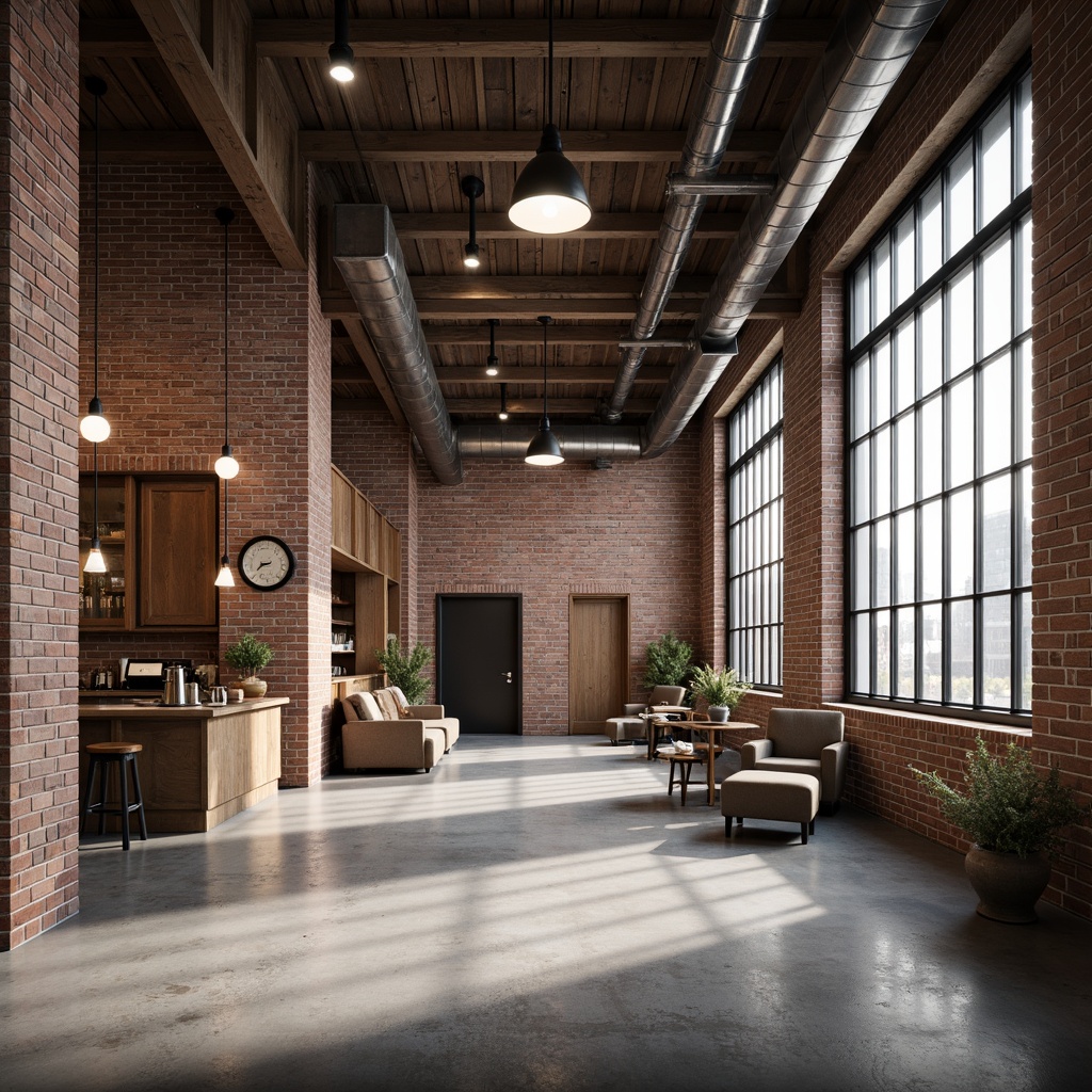 Prompt: Exposed brick walls, metal beams, reclaimed wood accents, industrial-style lighting fixtures, concrete floors, urban loft atmosphere, modern minimalist decor, functional pipes, distressed textures, neutral color palette, natural light pouring in, shallow depth of field, 1/1 composition, realistic renderings, ambient occlusion.