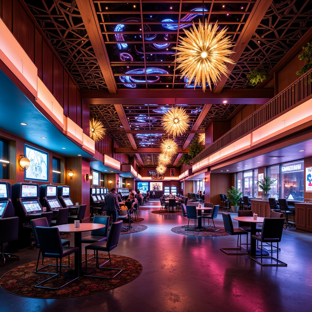 Prompt: Vibrant casino interior, expressionist architecture, bold color schemes, neon lights, LED strips, dynamic shadows, high-contrast lighting, dramatic spotlights, ornate chandeliers, luxurious fabrics, rich wood tones, metallic accents, geometric patterns, abstract artwork, futuristic ambiance, moody atmosphere, warm golden glow, cool blue undertones, layered lighting effects, 3D modeling, cinematic rendering, realistic reflections, ambient occlusion.