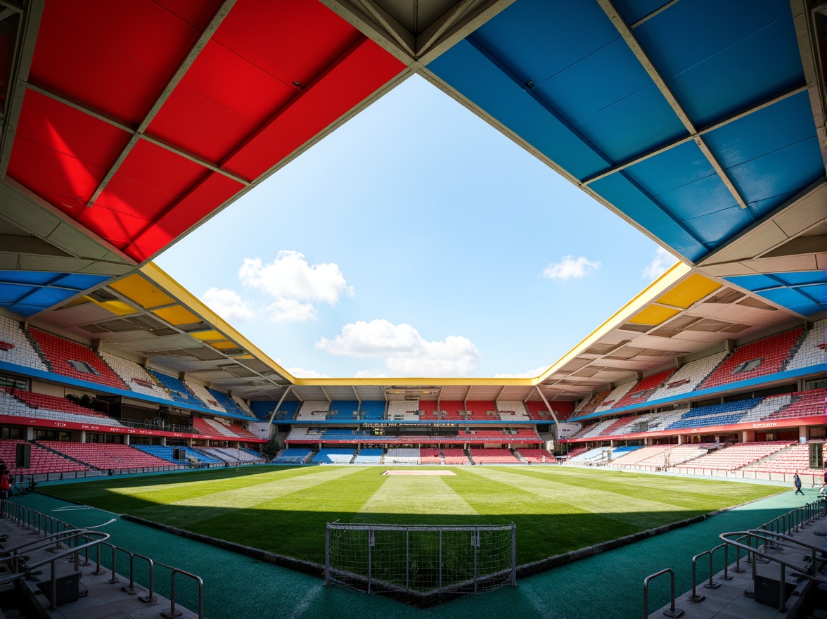 Prompt: Vibrant stadium architecture, bold geometric shapes, primary color scheme, bright red accents, deep blue tones, yellow highlights, white concrete structures, industrial metal beams, minimalist design, functional simplicity, athletic track, green grass fields, sunny day, dramatic shadows, high-contrast lighting, 1/1 composition, symmetrical framing, abstract textures, ambient occlusion.