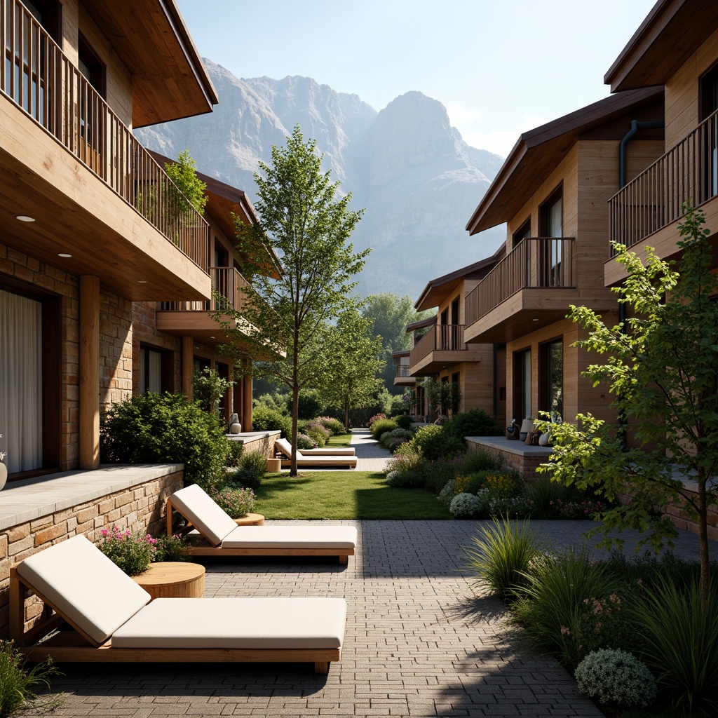 Prompt: Cozy dormitory, natural stone walls, wooden accents, lush greenery, vibrant flowers, private balconies, outdoor seating areas, rustic metal railings, earthy color palette, warm soft lighting, shallow depth of field, 3/4 composition, panoramic view, realistic textures, ambient occlusion, mountainous backdrop, serene atmosphere, eco-friendly materials, sustainable design elements, organic shapes, curved lines, minimalist decor, comfortable furnishings, plush carpets, nature-inspired artwork.