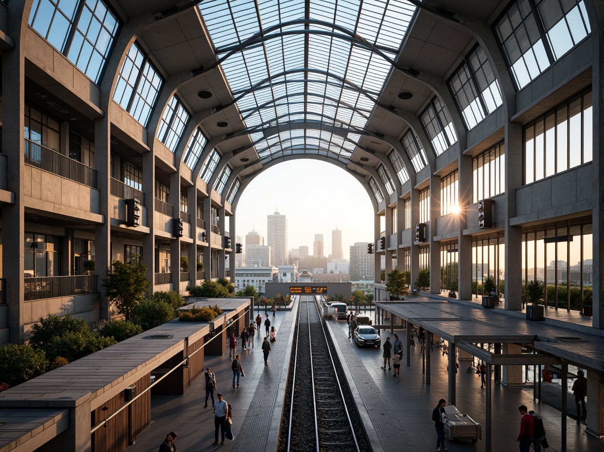 Prompt: Vibrant train station, large glass roofs, clerestory windows, transparent canopies, open atriums, minimalist columns, sleek metal beams, polished concrete floors, modern architecture, abundant natural light, soft warm ambiance, shallow depth of field, 3/4 composition, panoramic view, realistic textures, ambient occlusion, bustling atmosphere, rush hour scenes, urban landscape, city skyline, morning sunlight, afternoon glow, evening twilight.