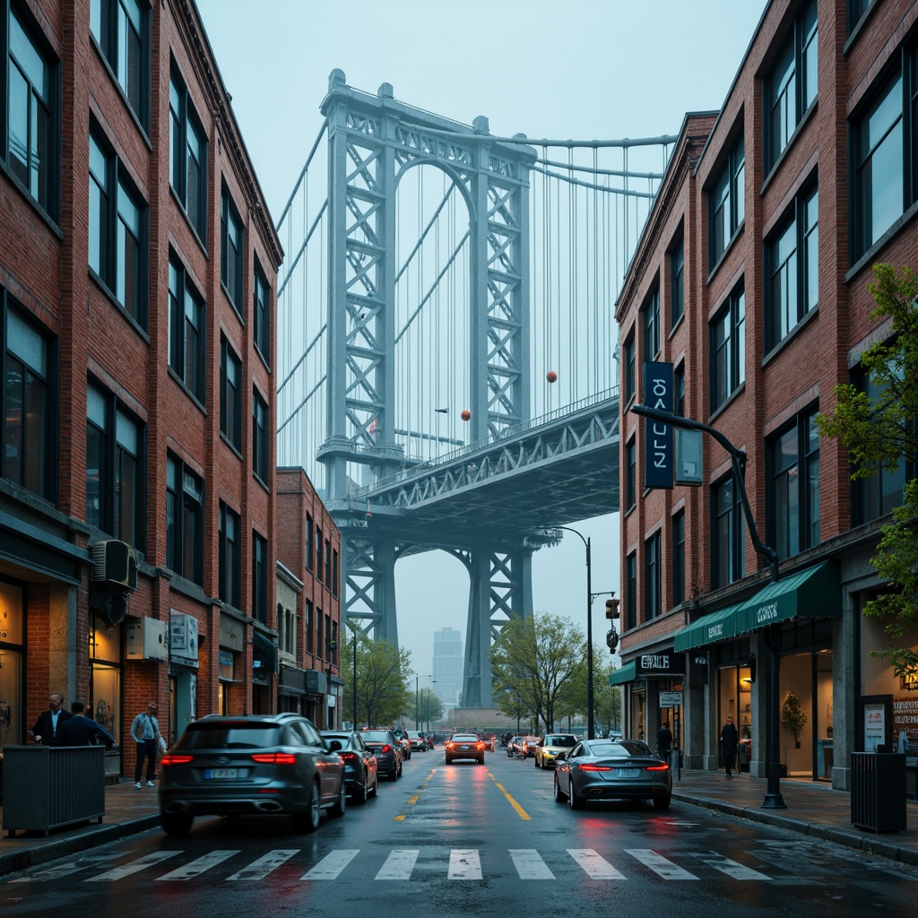 Prompt: Vibrant urban landscape, majestic bridge structure, steel beams, suspension cables, modern architecture, industrial materials, misty morning atmosphere, soft warm lighting, subtle color gradations, blue-grey tones, rusty orange accents, weathered concrete textures, atmospheric perspective, 1/2 composition, cinematic mood, realistic reflections.